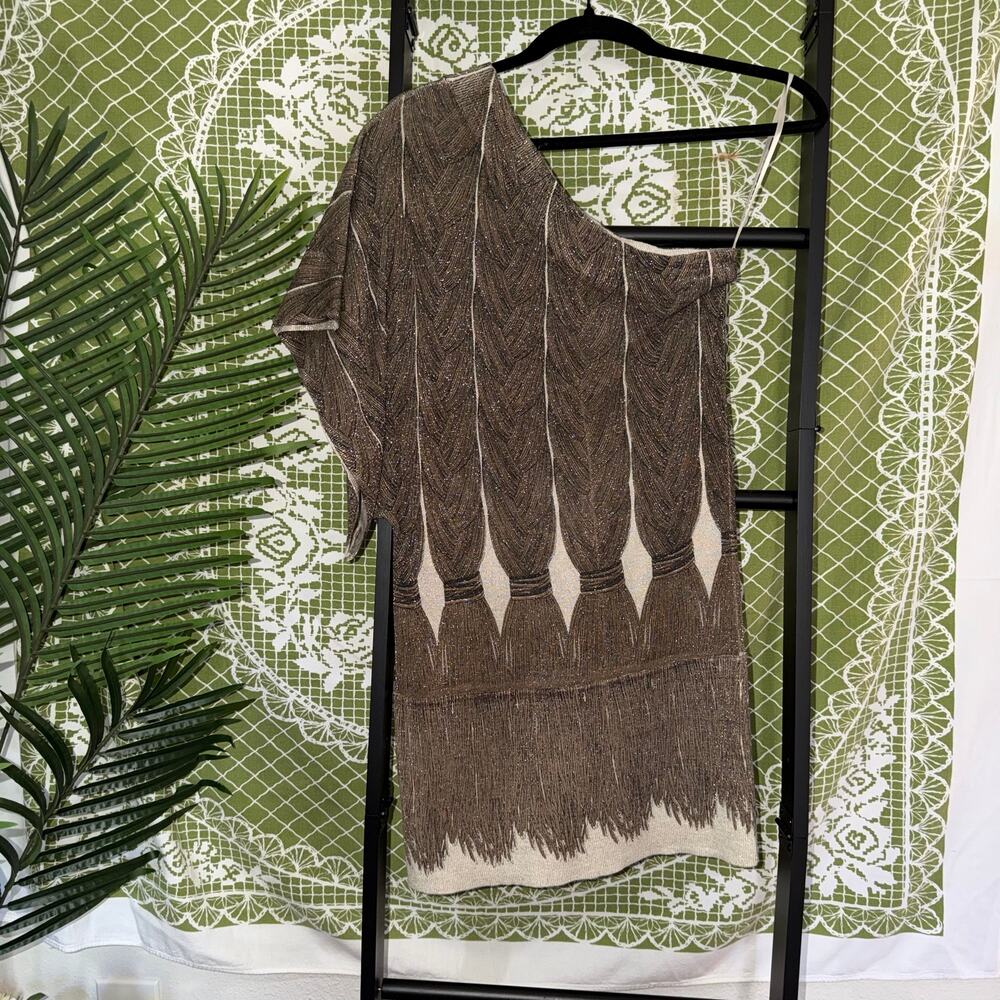Cashmere Brand One Shoulder Metallic Knit Mini Dress Tassel Braid Print - Small